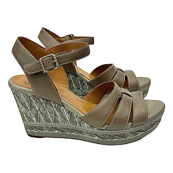 Clarks Taupe Multi Leather Platform Wedge Sandals Peep Toe Size 8.5 Medium - Picture 9 of 11